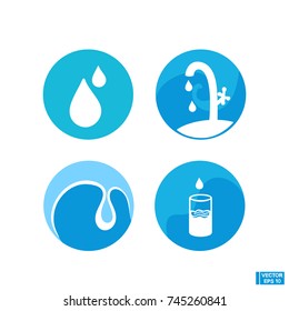 Vector image. Round blue icons with water. Water saving, drops icon, purified water