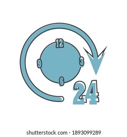 Vector image round the clock. 24 hours. Time icon on cartoon style on white isolated background.