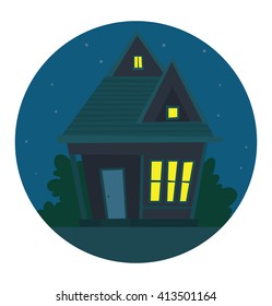 Vector image of a round dark blue frame with night sky, stars and with cartoon image of cute small red house with light emitting windows and trees, bushes near in the center on a white background.