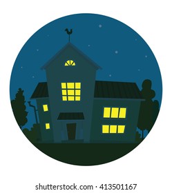 Vector image of a round dark blue frame with night sky, stars and with cartoon image of cute light yellow house with light emitting windows and trees, bushes near in the center on a white background.