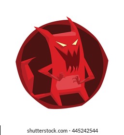 Vector image of a round dark red frame with cartoon image of funny red devil with horns and tail standing and laughing in the center on a white background. Vector cartoon illustration of devil.