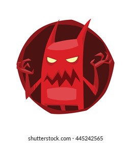 Vector image of a round dark red frame with cartoon image of funny red devil with horns and tail standing with his arms raised in the center on a white background. Vector cartoon illustration of devil