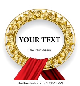 Vector image of a round decorative frame in form of wreath with gold roses with a red fabric against a white background