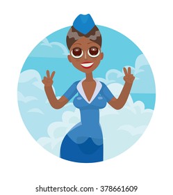 Vector image of a round frame with blue sky and clouds, with cartoon image of a beautiful black stewardess with big eyes with black hair in a blue uniform smiling at the center on a white background.