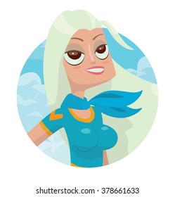 Vector image of a round frame with blue sky and clouds, with cartoon image of a beautiful stewardess with big eyes with long white hair in a blue uniform smiling at the center on a white background.