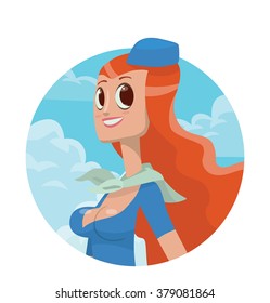 Vector image of a round frame with blue sky and clouds, with cartoon image of a beautiful stewardess with big eyes with wavy red hair in a blue uniform smiling at the center on a white background.