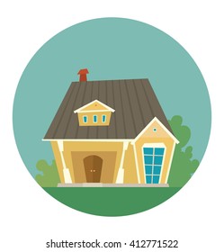 Vector image of a round frame with blue sky and with cartoon image of a cute light yellow house with two floors, blue windows, gray roof and green trees, bushes near in the center on white background.