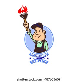 Vector image of a round frame with cartoon image of plumber with plunger in his hand