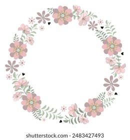 Vector image. Round frame. Floral pattern. Floral frame. Graphic drawing. Bright colored flowers.