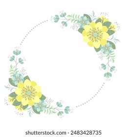 Vector image. Round frame. Floral pattern. Floral frame. Graphic drawing. Bright colored flowers.