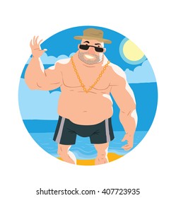 Vector image of a round frame with yellow sand, blue sea, sky and with cartoon image of big man in black shorts, sunglasses, panama hat and with gold chain in the center on white background. Vacation.