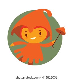 Vector image of a round gray-green frame with cartoon image of a cute fairy of autumn in an orange dress and orange hood with a magic wand in hand smiling in the center on a white background. Seasons.