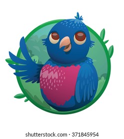 Vector image of a round green frame with leaves and with cartoon image of funny fantasy beautiful tropical bird with bright blue-purple feathers and small beak in the center on a white background.