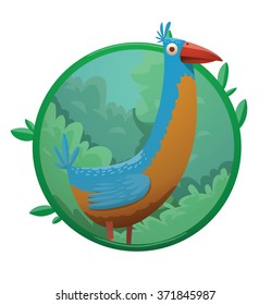 Vector image of a round green frame with leaves and with cartoon image of funny fantasy beautiful tropical bird with light blue and yellow feathers, with long neck in the center on a white background.