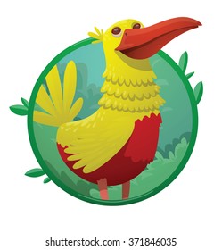 Vector image of a round green frame with leaves and with cartoon image of funny fantasy beautiful tropical bird with bright yellow-red feathers and big red beak in the center on a white background.