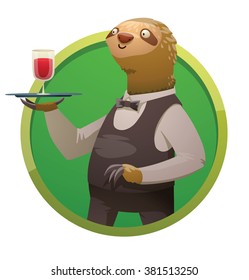 Vector image of a round green frame with cartoon image of a cute light brown sloth in white shirt, black trousers, vest and bow tie with a tray with glass in his paw on a white background. Waiter.