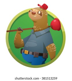 Vector image of a round green frame with cartoon image of a cute light brown sloth in blue trousers, shirt and red cap with a red tool-box and red plunger in his paws on a white background. Plumber.