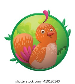 Vector image of a round green frame with leaves and with cartoon image of funny fantasy beautiful tropical bird with bright orange-pink feathers, big feathery tail in the center on a white background.