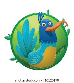 Vector image of a round green frame with leaves and with cartoon image of funny fantasy beautiful tropical bird with bright blue-yellow feathers, big hooked beak in the center on a white background.
