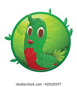 Vector image of a round green frame with leaves and with cartoon image of funny fantasy beautiful little tropical bird with bright green-red feathers and small beak in the center on a white background