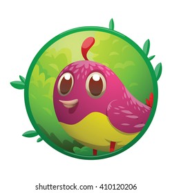 Vector image of a round green frame with leaves and with cartoon image of funny fantasy beautiful plump little tropical bird with bright pink-yellow feathers in the center on a white background.