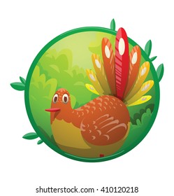 Vector image of a round green frame with leaves and with cartoon image of funny fantasy beautiful plump tropical bird with bright orange-yellow feathers, big tail in the center on a white background.