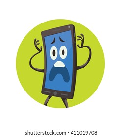 Vector image of a round green frame with cartoon image of a black smartphone with blue screen, with arms, legs with frightened expression on face in the center on white background. 