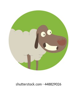 Vector image of a round green frame with cartoon image of funny sheep with a gray face and white wool, standing on four hooves and smiling in the center on a white background. 
