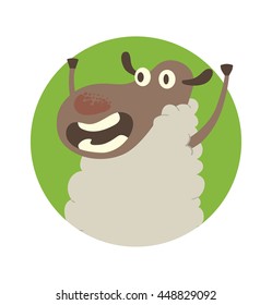 Vector image of a round green frame with cartoon image of funny sheep with a gray face and white wool, standing with her front hooves up and smiling in the center on a white background. 