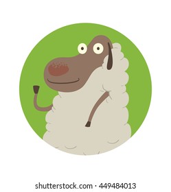 Vector image of a round green frame with cartoon image of funny sheep with a gray face and white wool, standing, waving her hoof and smiling in the center on a white background. 