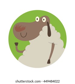 Vector image of a round green frame with cartoon image of funny sheep with a gray face and white wool, sitting and smiling in the center on a white background. 