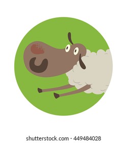 Vector image of a round green frame with cartoon image of funny sheep with a gray face and white wool, lying on her stomach and smiling in the center on a white background. 