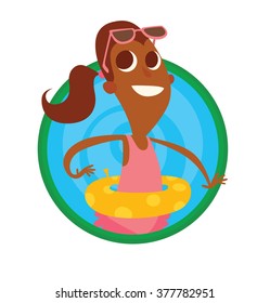 Vector image of a round green-blue frame with cartoon image of a funny boy with big eyes, with brown hair in orange shorts, a purple t-shirt is playing with white and black ball on a white background.