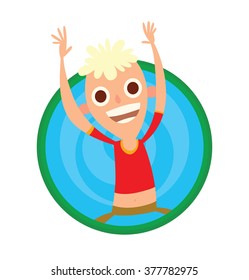 Vector image of a round green-blue frame with cartoon image of a funny boy with big eyes, with blond curly hair in brown shorts and red shirt jumping and smiling on a white background. 