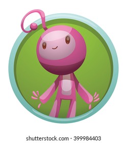 Vector image of a round green-blue frame. Frame with cartoon image of funny little pink creature.  Funny little creature with a long antenna on his head. Cartoon funny creature standing and smiling.