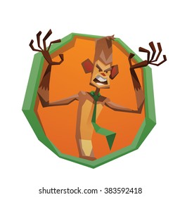 Vector image of a round green-orange frame with cartoon image of funny office brown monkey in a green tie, is angry on a white background. Office work. Business. Vector illustration.