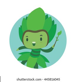 Vector image of a round light blue frame with cartoon image of a cute fairy of summer in green dress and green leafy hat with a magic wand in hand smiling in the center on a white background. Seasons.