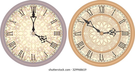 Vector image of a round, old clock with Roman numerals.