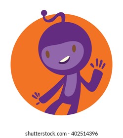Vector image of a round orange frame with cartoon image of funny little purple creature with a long antenna on his head in the center on a white background. Positive character. Made in a flat style.