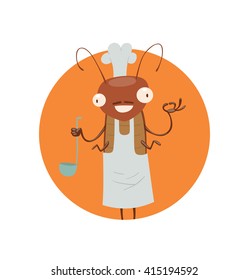 Vector image of a round orange frame with cartoon image of a funny brown cockroach with antennae and six legs in white chef's hat in the center on a white background. Anthropomorphic cartoon cockroach