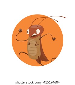 Vector image of round orange frame with cartoon image of a funny brown cockroach with antennae and six legs running somewhere in the center on a white background. Anthropomorphic cartoon cockroach.