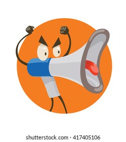 Vector image of a round orange frame with cartoon image of a funny white-blue megaphone with eyes, arms, legs and tongue, standing and angry at something on a white background. Vector illustration.