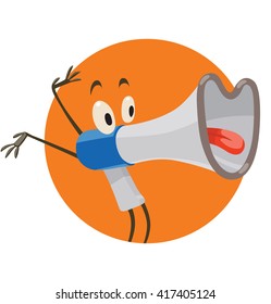 Vector image of a round orange frame with cartoon image of a funny white-blue megaphone with eyes, arms, legs and tongue, standing and smiling on a white background. Vector illustration.