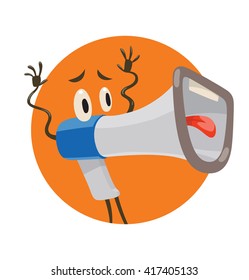 Vector image of a round orange frame with cartoon image of a funny white-blue megaphone with eyes, arms, legs and tongue, standing and rejoicing to something on a white background. Vector illustration