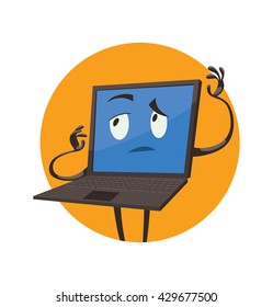 Vector image of a round orange frame with cartoon image of a black laptop with blue screen, arms, legs, with a thoughtful expression on his face in the center on a white background. Positive character