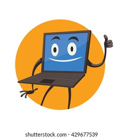 Vector image of a round orange frame with cartoon image of a black laptop with blue screen, arms, legs, with a contented expression on his face in the center on a white background. Positive character.
