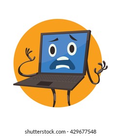 Vector image of a round orange frame with cartoon image of a black laptop with blue screen, arms, legs, with a frightened expression on his face in the center on a white background. Positive character