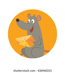 Vector image of round orange frame with cartoon image of a funny gray rat with a long pink tail sitting with a piece of cheese in his paws in the center on a white background. Vector illustration.