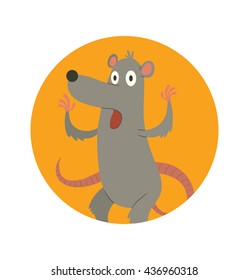 Vector image of round orange frame with cartoon image of a funny gray rat with a long pink tail standing terrified in the center on a white background. Vector illustration.