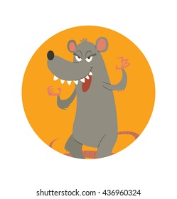 Vector image of round orange frame with cartoon image of a funny gray rat with a long pink tail standing and frightening someone in the center on a white background. Vector illustration.